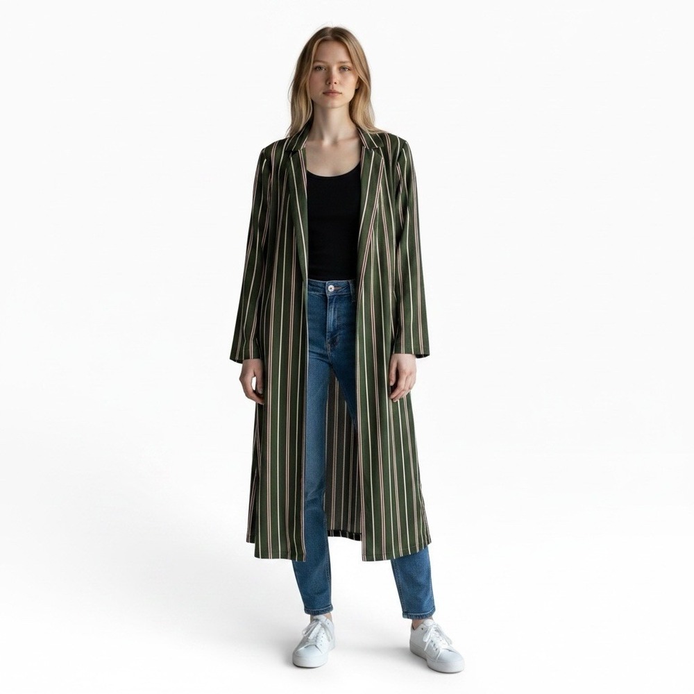 GANJI Women's S Open Belted Duster Jacket Topper Lightweight Olive Stripe NEW